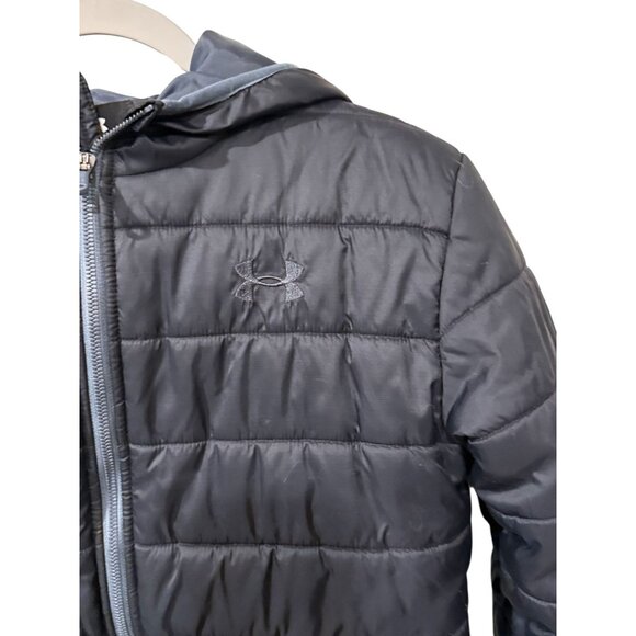 Under Armour Cold Gear Youth XL Black Hooded Puffer Jacket Front Zip Closure & L - Picture 2 of 7